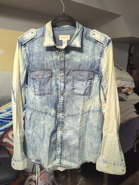 Diesel Thrashed Punk Paint Bleach Western Denim Snap Shirt Y2K Medium Lightning